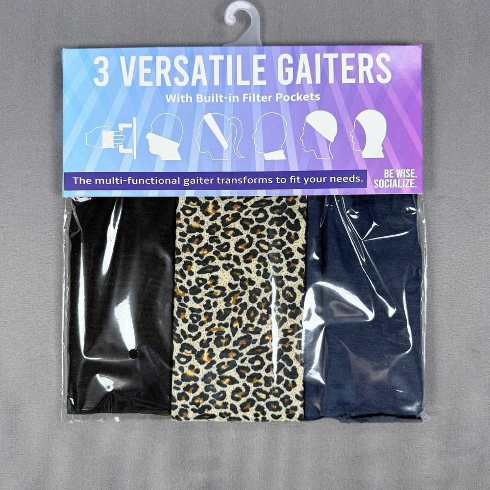 3 Versatile Neck Gaiters with Filter Pockets Leopard Black Blue Unisex Face Mask